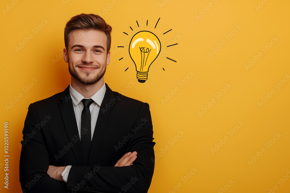 Confident Businessman Smiling in Front of a Yellow Background with a Lightbulb Illustration Confident Businessman Smiling in Front of a Yellow Background with a Lightbulb Illustration