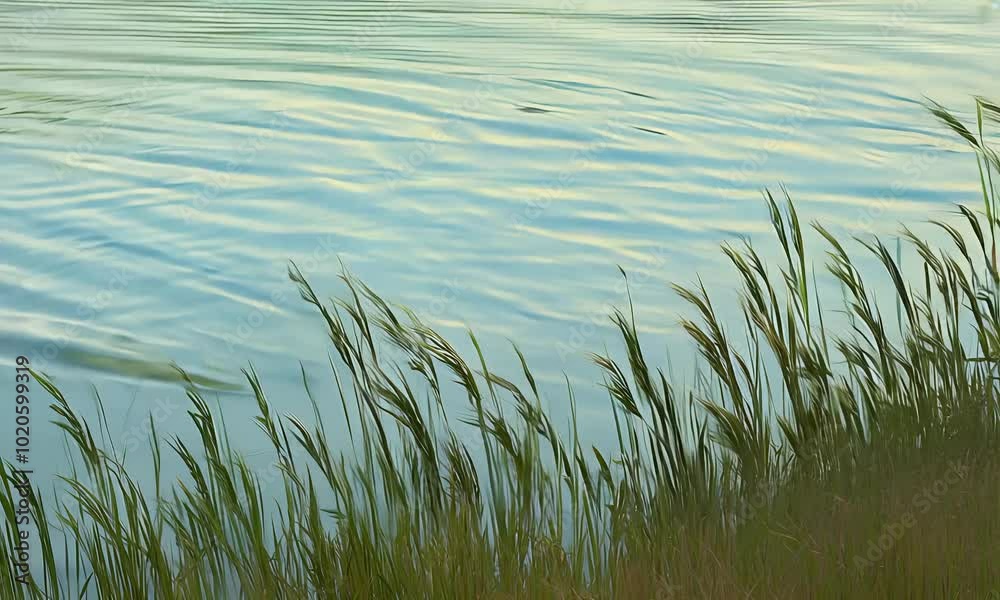 Tranquil lake scene with gentle waves and swaying grass. Tranquil lake scene with gentle waves and swaying grass.