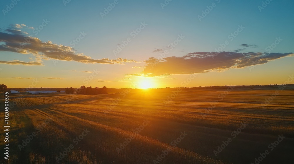 Sunset over a golden field with a line of trees in the distance Sunset over a golden field with a line of trees in the distance