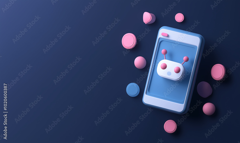 Creative 3D Smartphone AI Chat Bot Design with Colorful Pink and Blue Dots, Depicting Playful Mobile App Interface Creative 3D Smartphone AI Chat Bot Design with Colorful Pink and Blue Dots, Depicting Playful Mobile App Interface