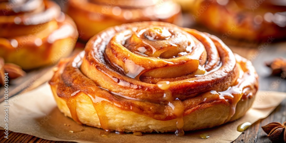 Experience the exquisite detail of these puff pastry cinnamon buns, adorned with a sweet glaze and enticing cinnamon swirls, visually tempting in macro photography. Experience the exquisite detail of these puff pastry cinnamon buns, adorned with a sweet glaze and enticing cinnamon swirls, visually tempting in macro photography.