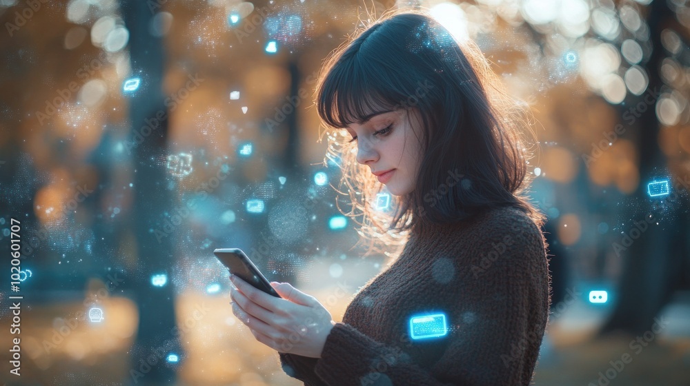 Woman Using Smartphone with Digital Icons in Autumn Setting