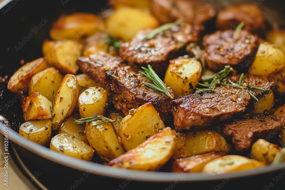 Simple photo of Garlic Herb Potatoes and Steak Skillet. Simple photo of Garlic Herb Potatoes and Steak Skillet.