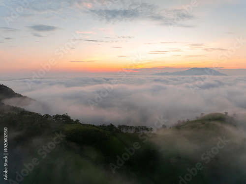 Drone aerial view of landscape mountains view in summer season,High angle view over countryside at northern Vietnam