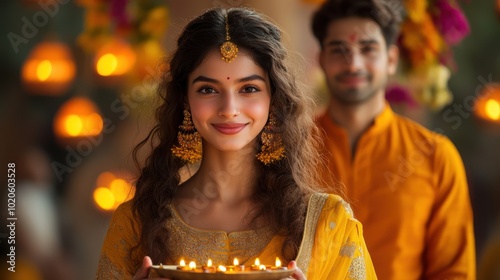 Portrait of a young Indian woman in a yellow anarkali with golden detailing and a young Indian man in a vibrant orange kurta, both together holding a single big thali with diyas, indoor Diwali  photo