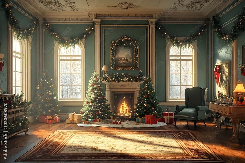 Elegant Festive Family Room with Ornate Christmas Tree and Fireplace