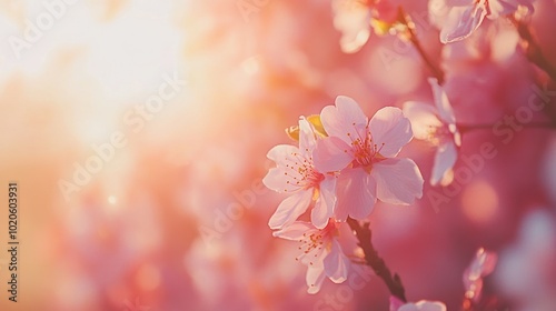 Pink Cherry Blossoms Illuminated by Golden Sunlight photo