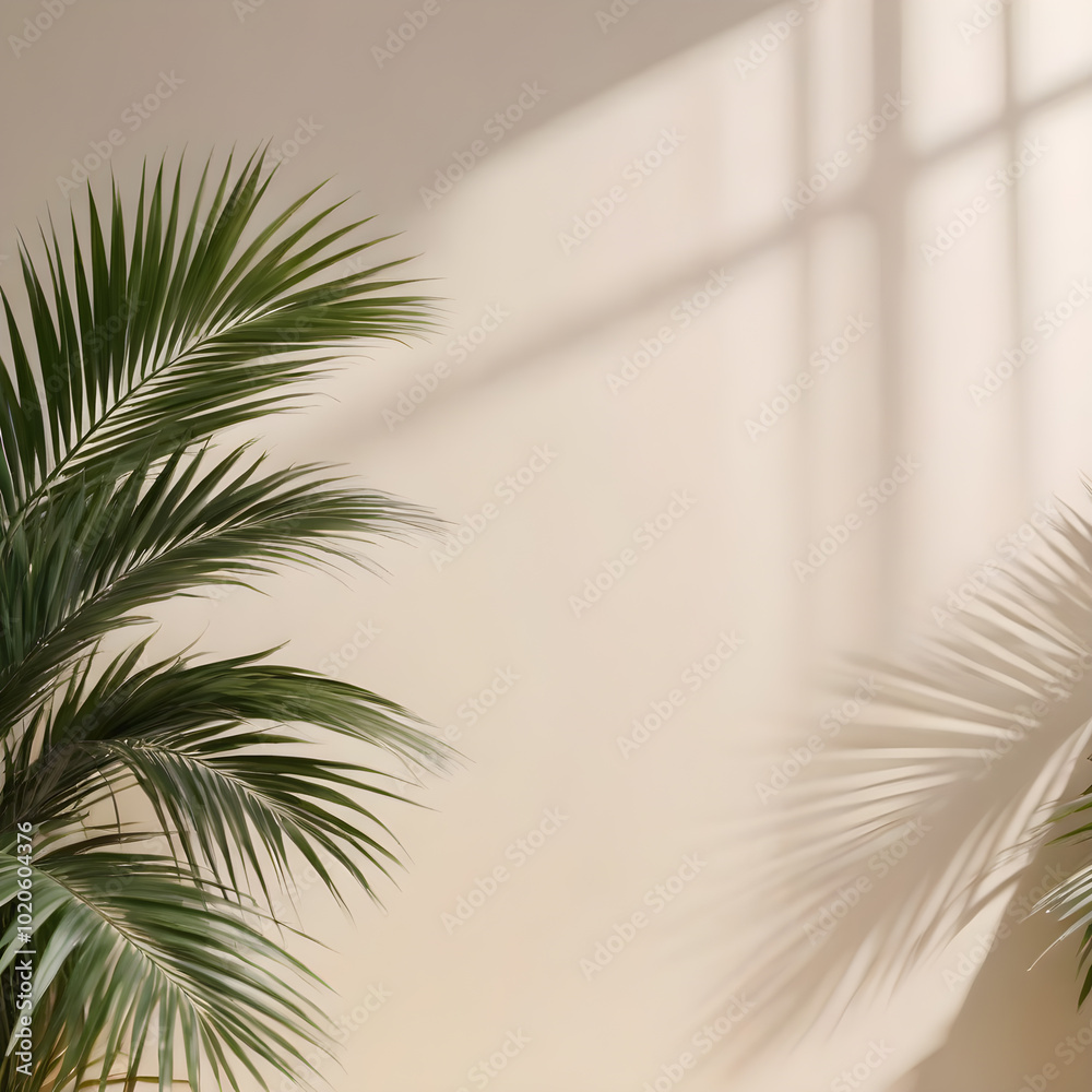Fototapeta premium Palm leaves on white wall with shadow. 