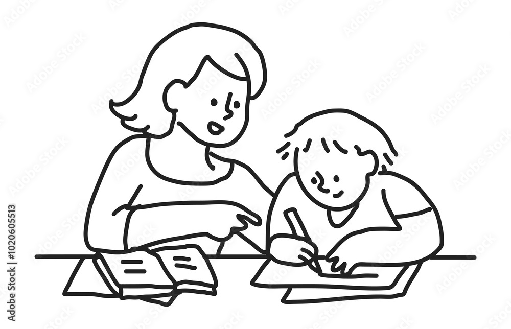 PNG Mom helping kid homework line drawing, collage element, transparent background PNG Mom helping kid homework line drawing, collage element, transparent background