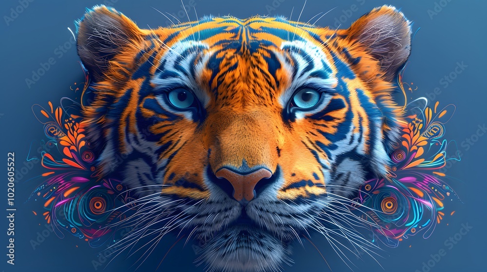 Fototapeta premium Modern illustration of a neon orange tiger. AI generated