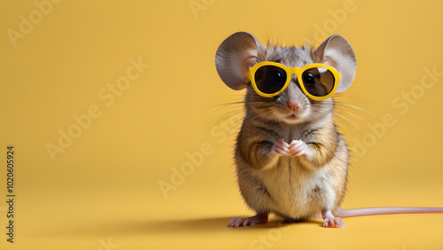 Cute little mouse in sunglasses on a yellow background. Space for text.