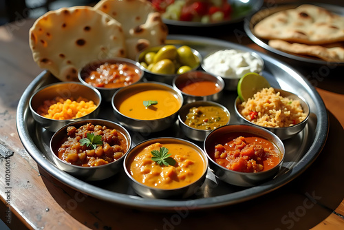 Indian thali with assorted curries, chutneys, rice, and naan, served on a stainless steel platter, offering a vibrant and colorful meal with diverse flavors and textures