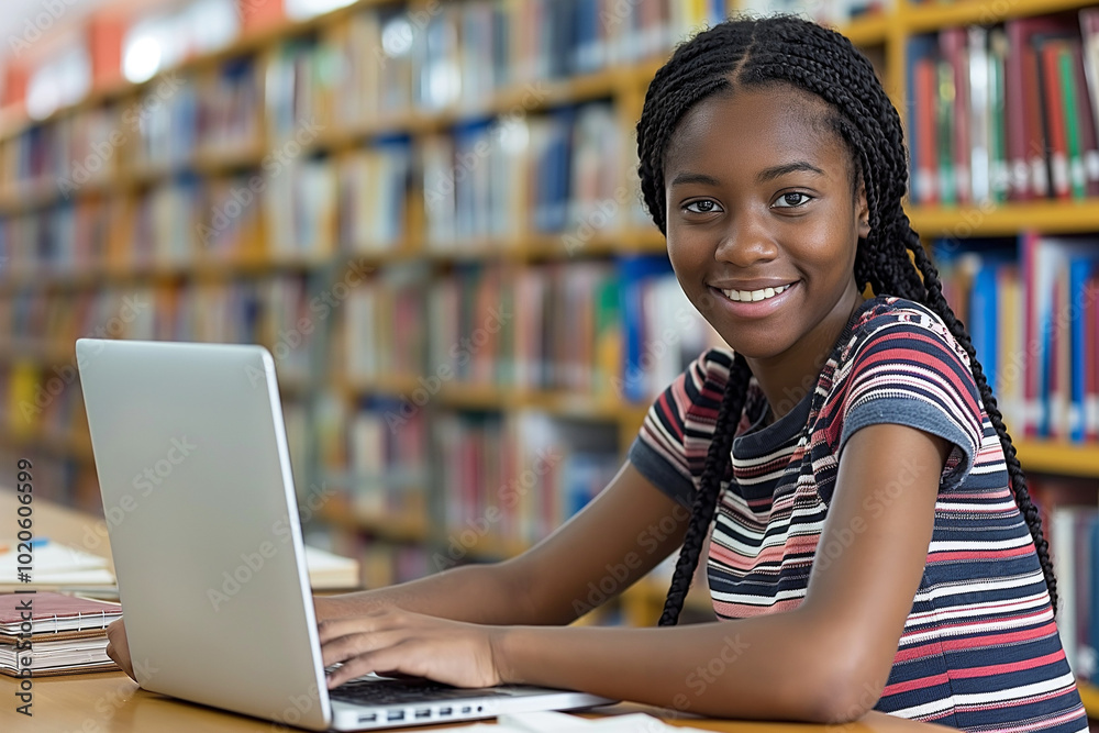 Cheerful Student Studying in Library with Laptop