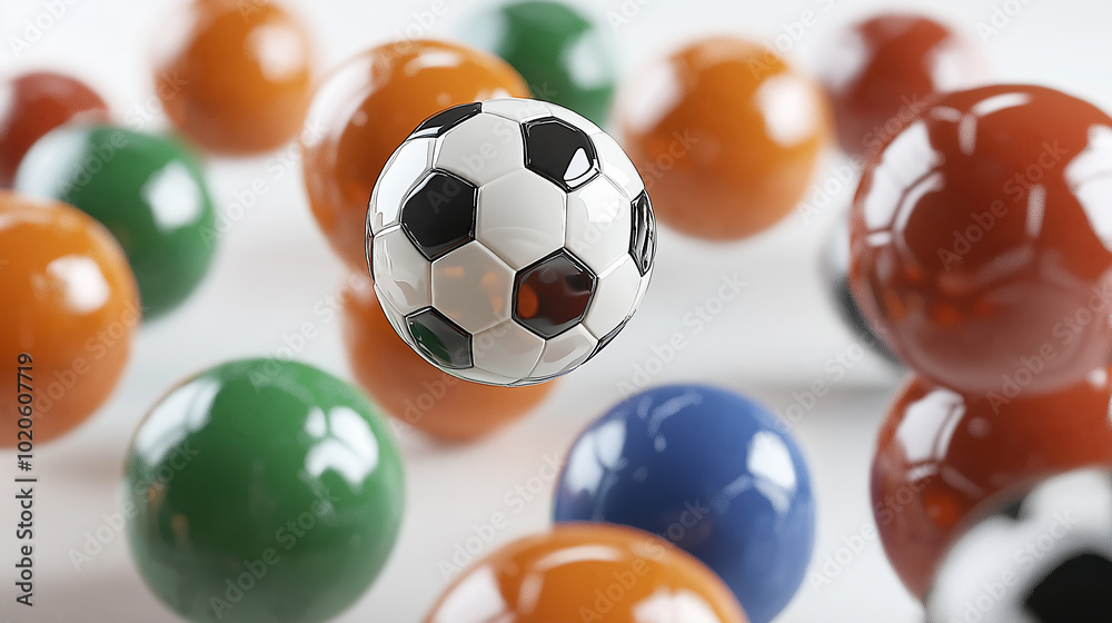 A bunch of colorful soccer balls are flying through the air. The balls are of different colors and sizes, creating a vibrant and lively atmosphere. Concept of fun and excitement