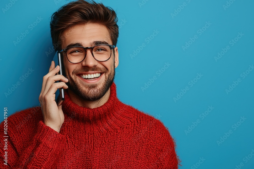 Smiling man in his thirties wearing glasses and a red sweater, speaking on a smartphone against a blue background. Smiling man in his thirties wearing glasses and a red sweater, speaking on a smartphone against a blue background.