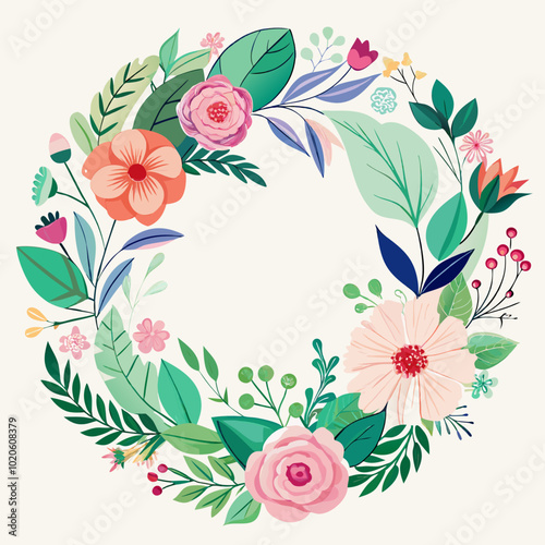 Floral Frame with Colorful Flowers and Leaves in a Circular Design