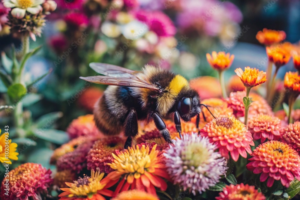 Photograph a busy bumblebee collecting nectar from flowers in an urban garden, surrounded by colorful blooms.