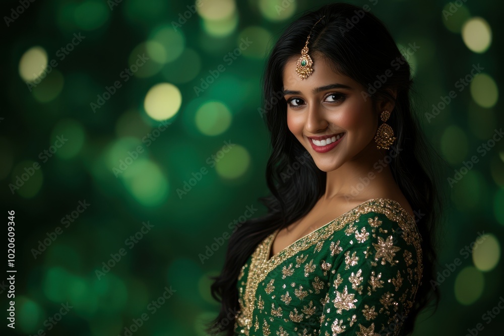 Portrait of Indian woman in deep green lehenga with gold accents, smiling warmly at the camera, with a green to emerald gradient glowing backdrop, Indian traditional Diwali festival, Diwali Portrait of Indian woman in deep green lehenga with gold accents, smiling warmly at the camera, with a green to emerald gradient glowing backdrop, Indian traditional Diwali festival, Diwali