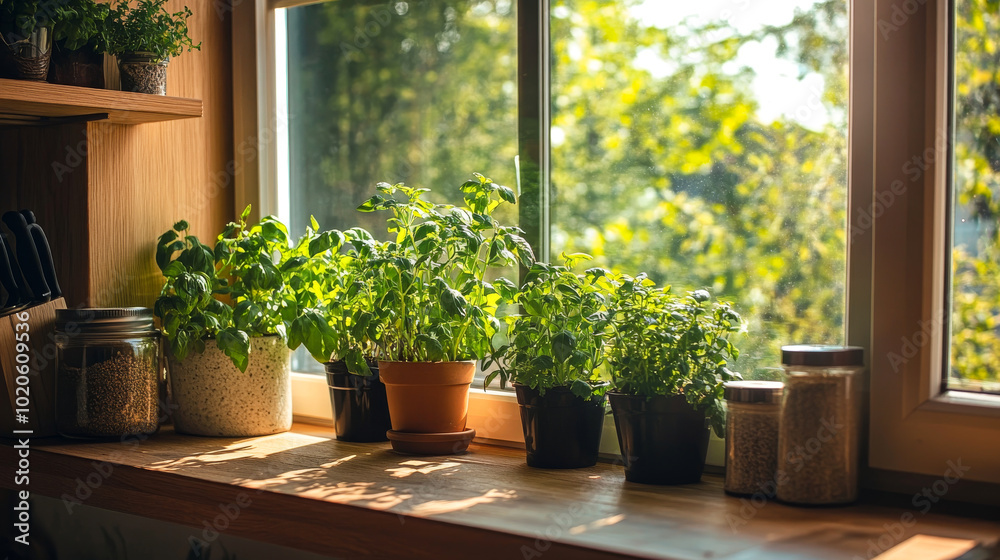 Fototapeta premium Fresh herbs growing on a sunny kitchen windowsill