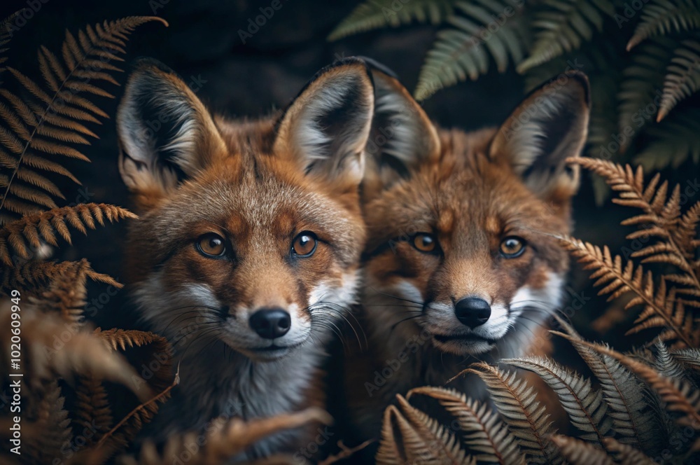 Obraz premium Photograph a pair of foxes peeking out from behind ferns, their fur blending with the earthy tones of the forest. 
