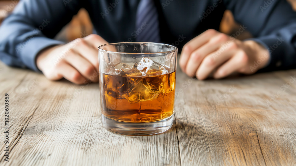 Alcohol addiction due to stress at work. Anonymous businessman with glass of whiskey. Alcohol addiction due to stress at work. Anonymous businessman with glass of whiskey.
