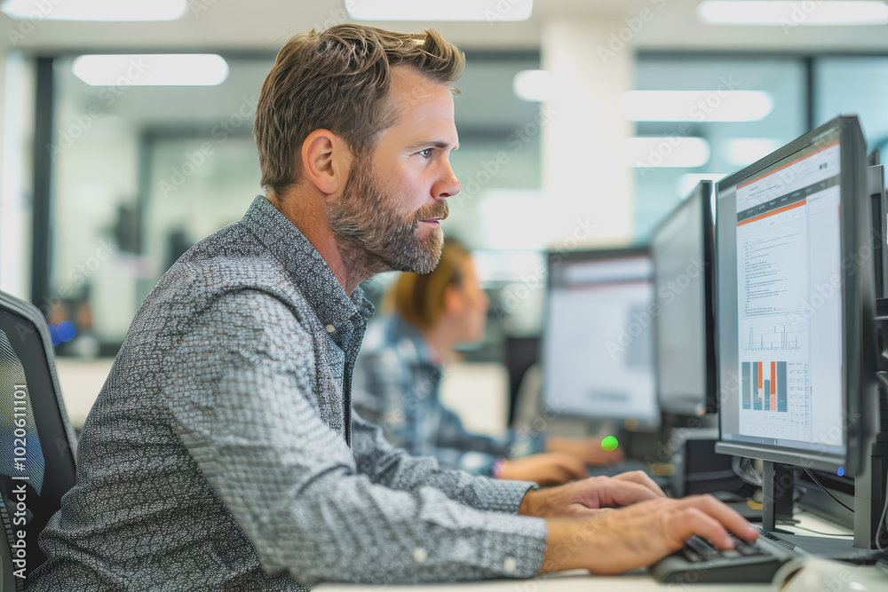 Man working using a computer in the office of a high tech company with multiple monitors. Man working using a computer in the office of a high tech company with multiple monitors.