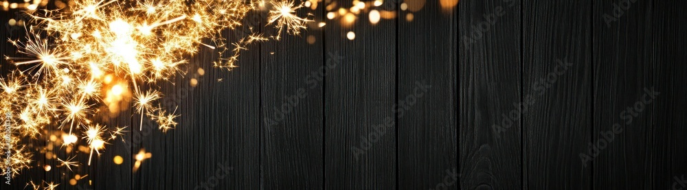 Naklejka premium Golden Sparklers on Black Wooden Background: New Year Celebration and Festive Atmosphere. Warm and Festive Web Banner Design.