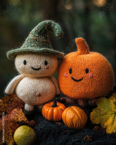 Halloween themed knitted toys with mushrooms and pumpkins on a dark background photo