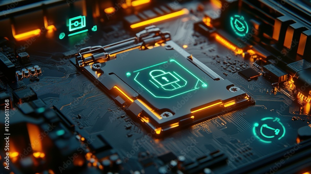 Fototapeta premium Cyber Security Circuit Board with Glowing Lock Icon