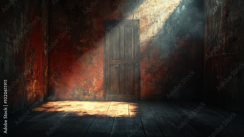 A dark room with a wooden door that is lit up by the sun
