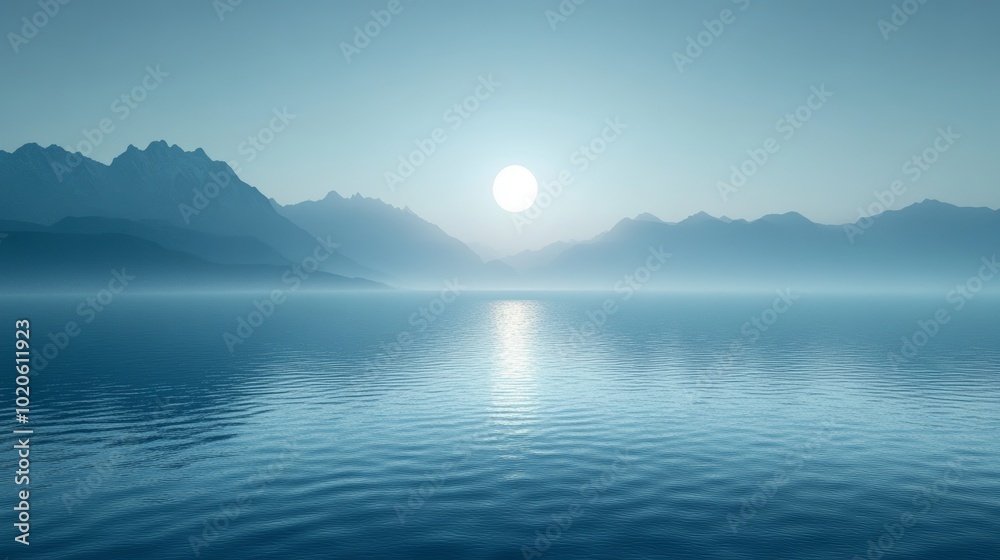 A large body of water with a large sun in the sky A large body of water with a large sun in the sky