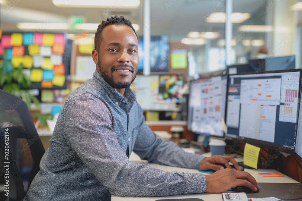 Man working using a computer in the office of a high tech company with multiple monitors. Man working using a computer in the office of a high tech company with multiple monitors.