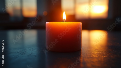 A candle is lit in a room with a view of the sun