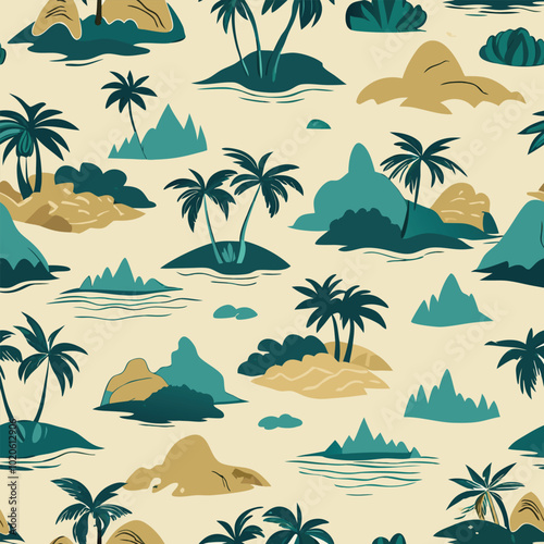 Vintage Beautiful seamless island pattern Landscape with palm trees, beach and ocean