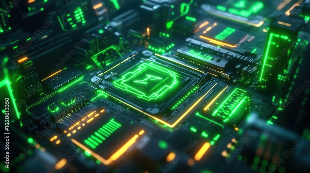 Futuristic Green and Orange Circuit Board with Glowing Lines Futuristic Green and Orange Circuit Board with Glowing Lines