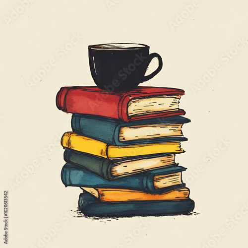 A cup of coffee rests atop a stack of books, perfect for a cozy reading session.