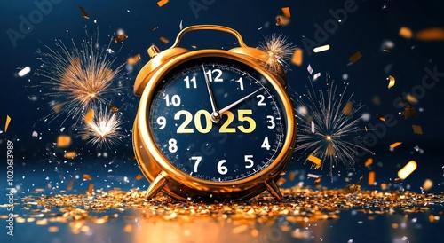 New Year's Eve Countdown to 2025 with Fireworks and Confetti on Dark Blue Background