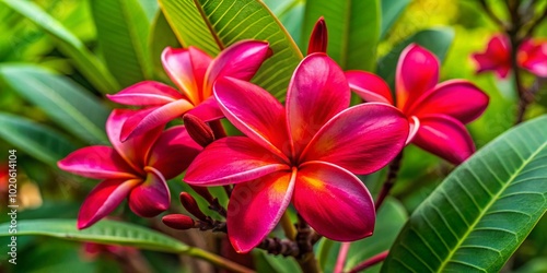 In its natural habitat, the vibrant red Plumeria rubra flower opens, displaying stunning petals that evoke the beauty