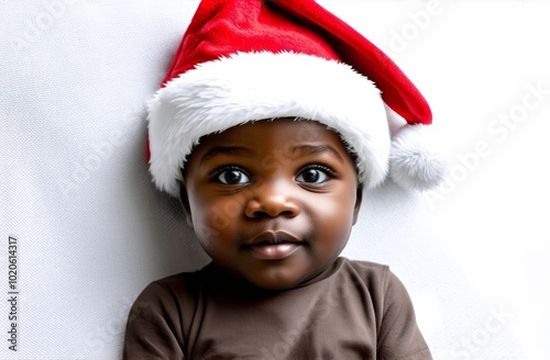 Photo portrait of african american black baby in Santa hat on white background