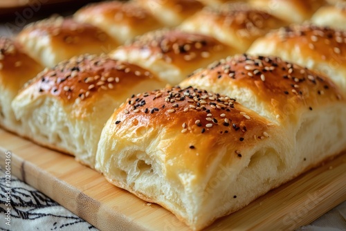 Freshly baked bread rolls with sesame seeds. Perfect for a bakery website or recipe blog.