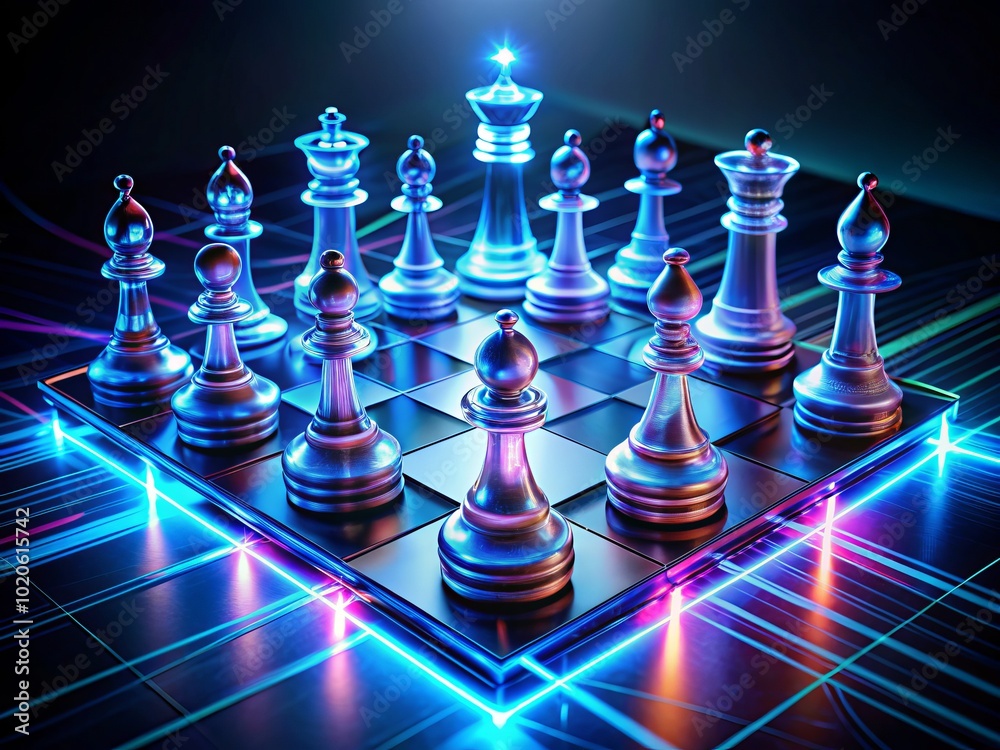 In a sleek digital arena, a luminous chessboard glows with vibrant light trails as pieces move strategically, redefining the modern game of strategy and skill. In a sleek digital arena, a luminous chessboard glows with vibrant light trails as pieces move strategically, redefining the modern game of strategy and skill.