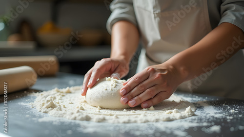 white woman's hands kneading, professional cook wearing apron working with manageable dough on a stainless surface with dusted flour around in light kitchen