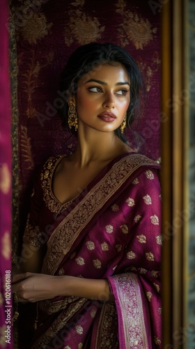 Portrait of Indian woman in rich burgundy saree with gold accents, opening the door for guests, with a burgundy to soft pink gradient glowing backdrop, Indian traditional Diwali festival, Diwali