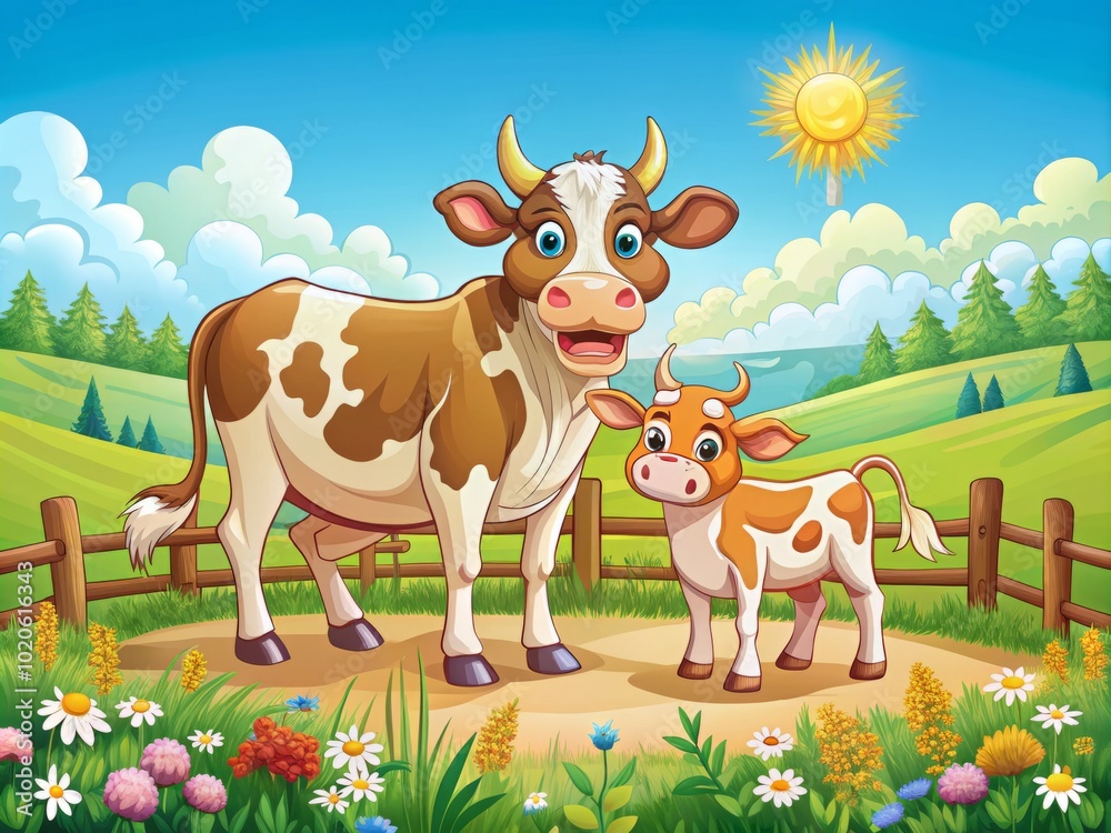 In a sunny green meadow, a cheerful cartoon cow and her playful calf enjoy their day, surrounded by lush grass and blooming flowers, celebrating farm life joyfully. In a sunny green meadow, a cheerful cartoon cow and her playful calf enjoy their day, surrounded by lush grass and blooming flowers, celebrating farm life joyfully.