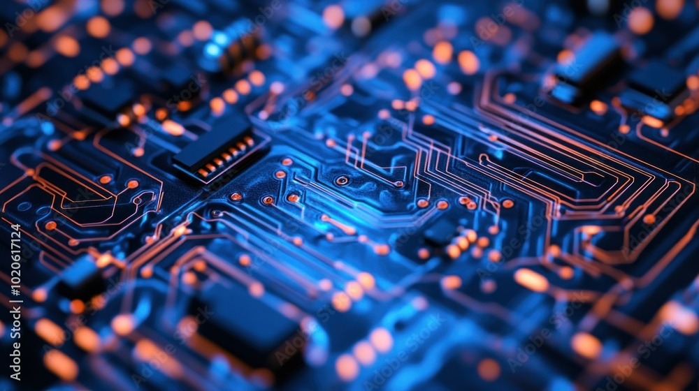 Close-up of a Circuit Board with Blue and Orange Lighting Close-up of a Circuit Board with Blue and Orange Lighting