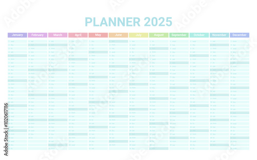 Planner English calendar of 2025 ear, template schedule calender with 12 vertical months on one page. Wall organizer, yearly planner template. Vector