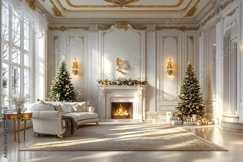 Elegant Holiday Living Room with Lit Christmas Trees and Cozy Fireplace