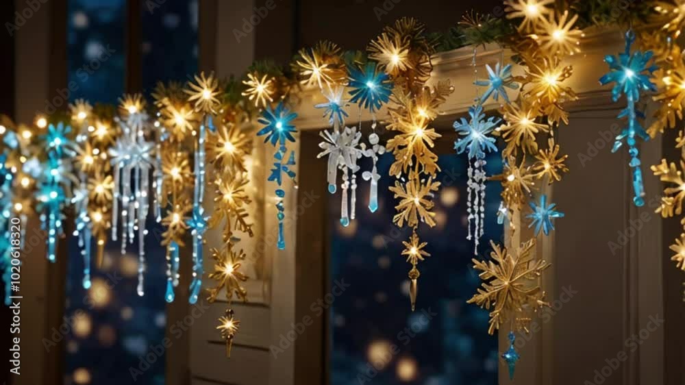 Stunning gold tinsel garland with shimmering icicles, frosty blue lights, and delicate snowflake decorations.