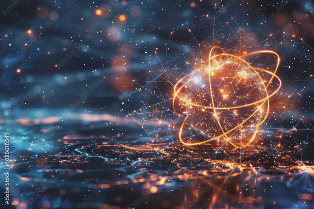 Unstable Atom nucleus with electrons spinning around its technology background. Unstable Atom nucleus with electrons spinning around its technology background.