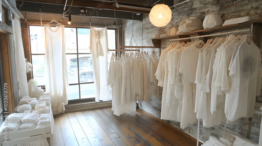 Clothes made from sustainable fabrics hanging in a zero-waste fashion shop Clothes made from sustainable fabrics hanging in a zero-waste fashion shop